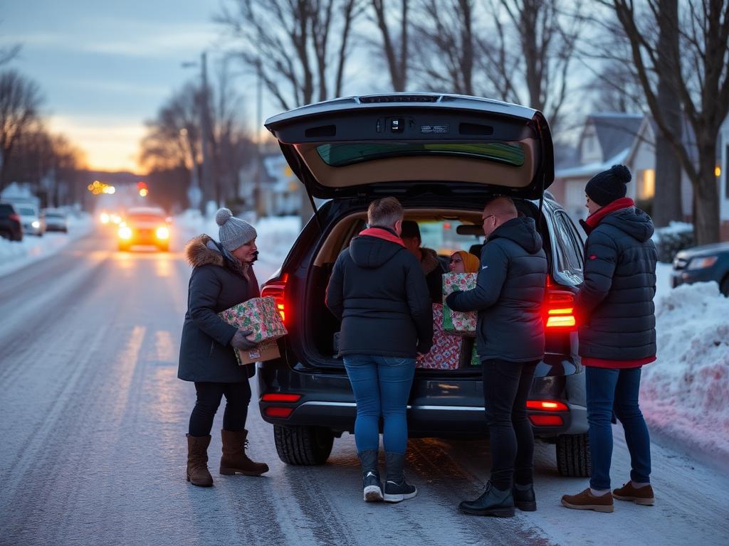 Volunteers loading wrapped Christmas gifts into a car on a snowy street