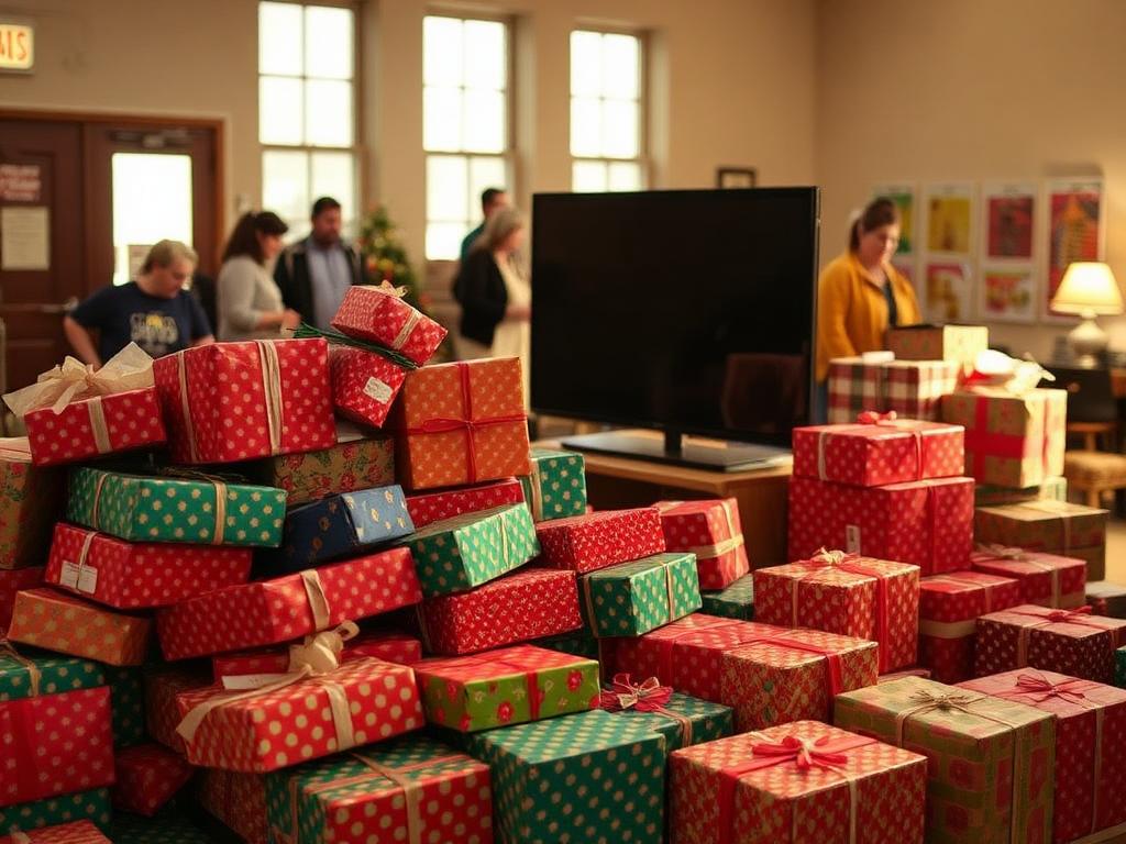 A large pile of wrapped presents and a boxed television in a community room