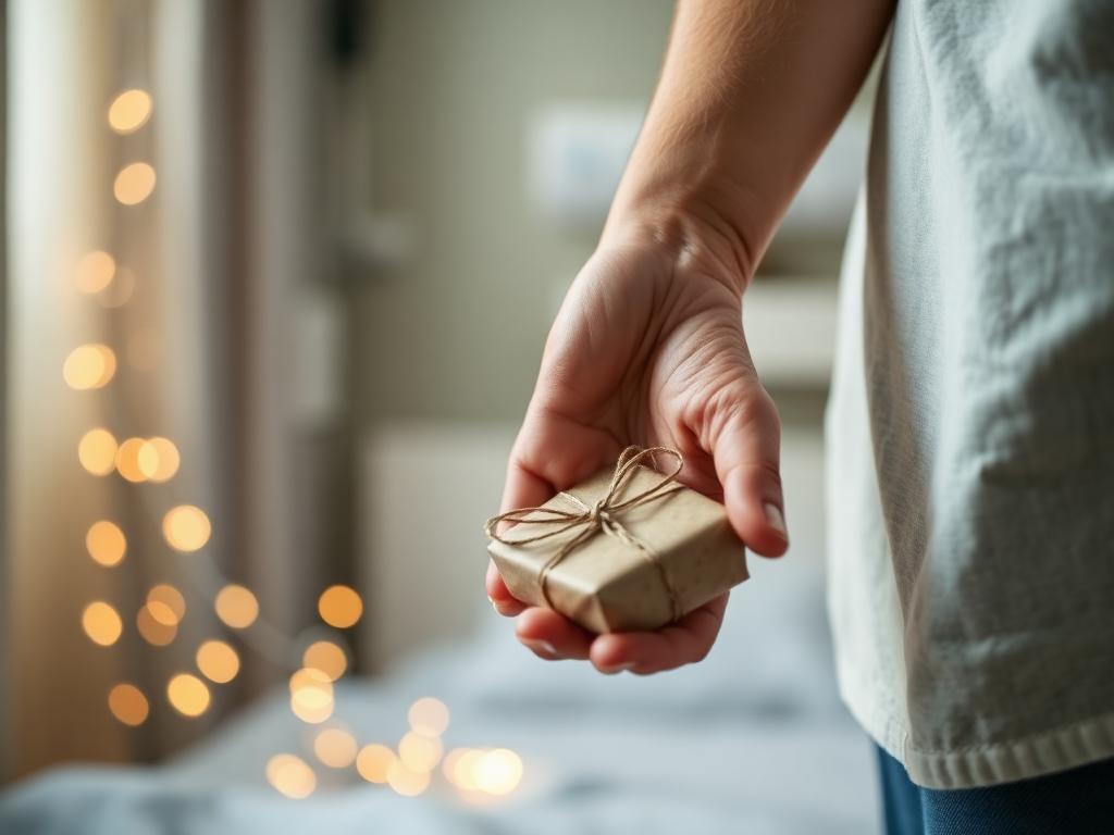 A parent holding a small wrapped gift beside warm holiday lights