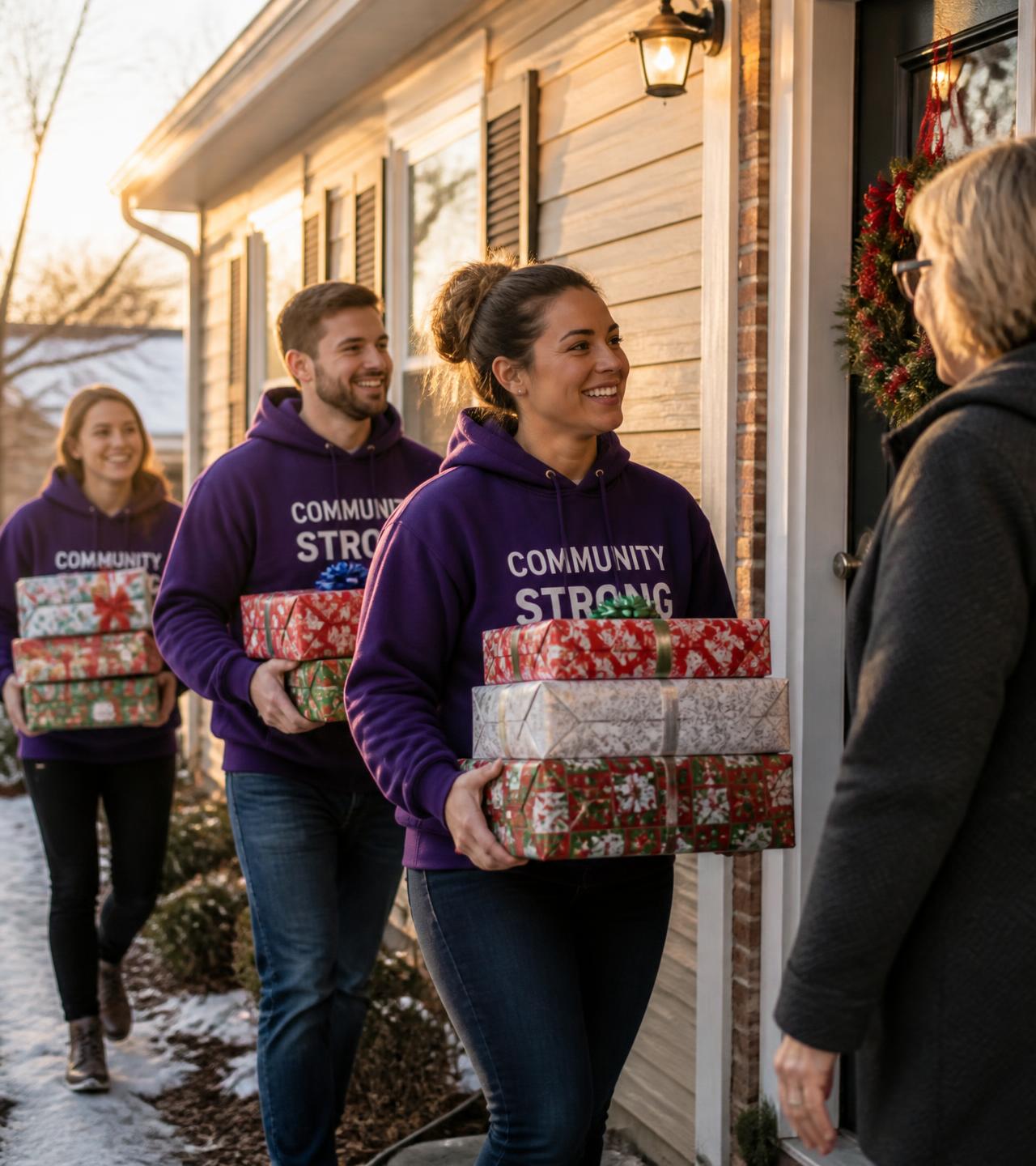 Volunteers carrying wrapped gifts to a family's front door in winter